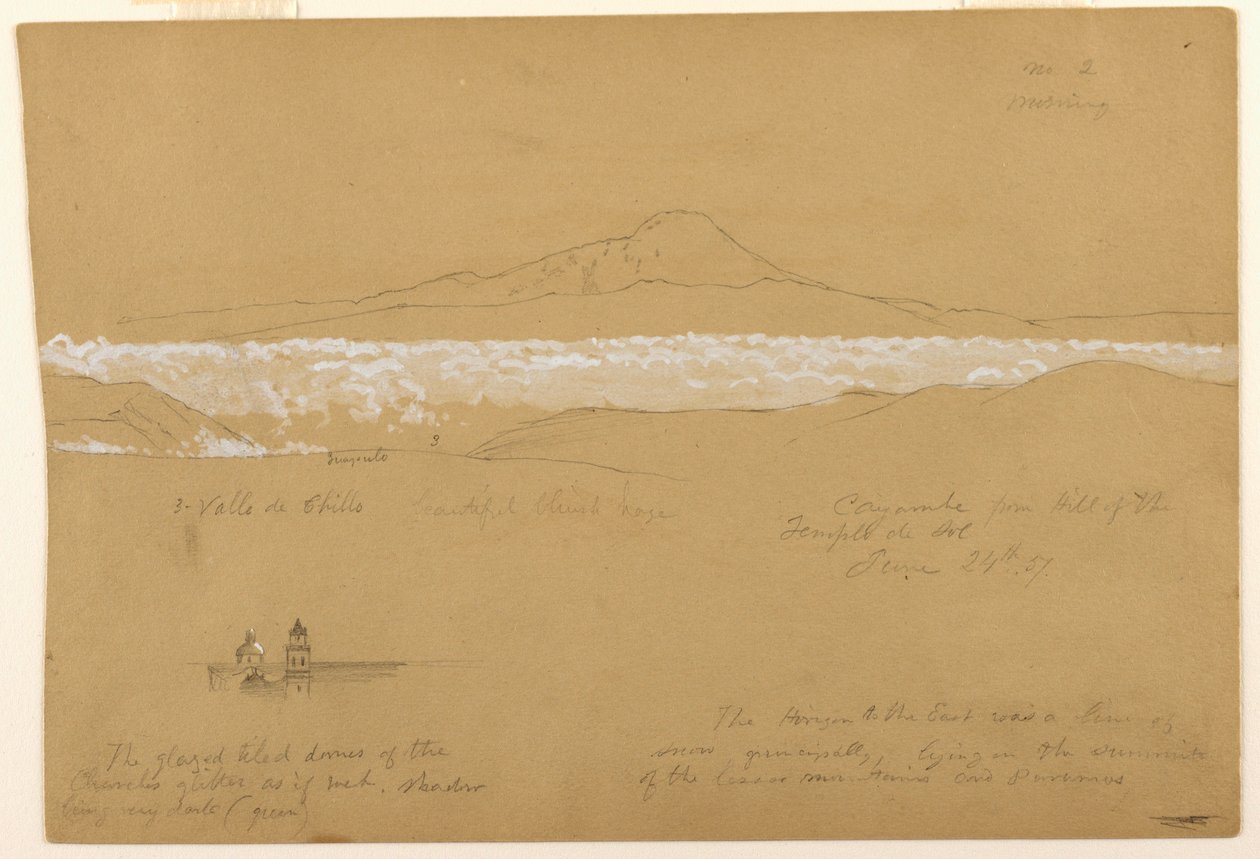 Kresba, Cayambé, ráno, z chrámu Slunce, Quito, 24. června 1857 od Frederic Edwin Church