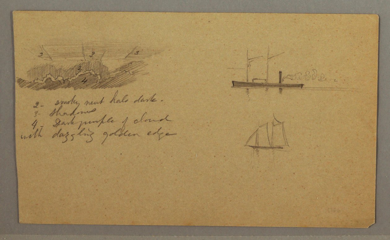 Kresba, studie mraků, parník, plachetnice, pravděpodobně 1865-66 od Frederic Edwin Church