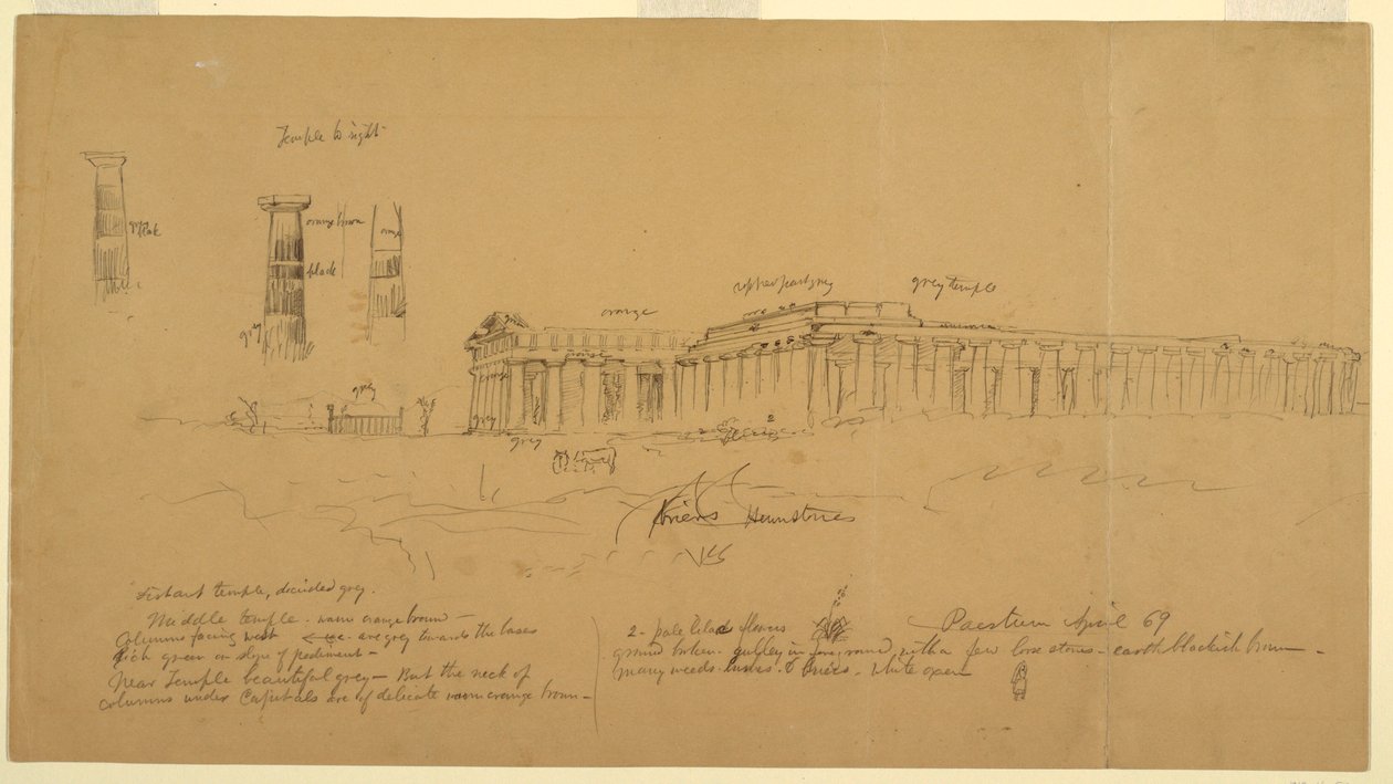 Kresba, dórské řecké chrámy Athény (dříve Ceres), Héry II (dříve Neptuna) a Héry I (dříve Baziliky), Paestum, Salerno, Itálie, duben 1869. od Frederic Edwin Church