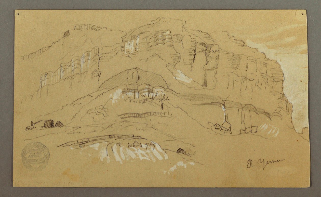 Kresba, El Yemen Valley, Arábie:  Skalní stěna, 20. února 1868 od Frederic Edwin Church