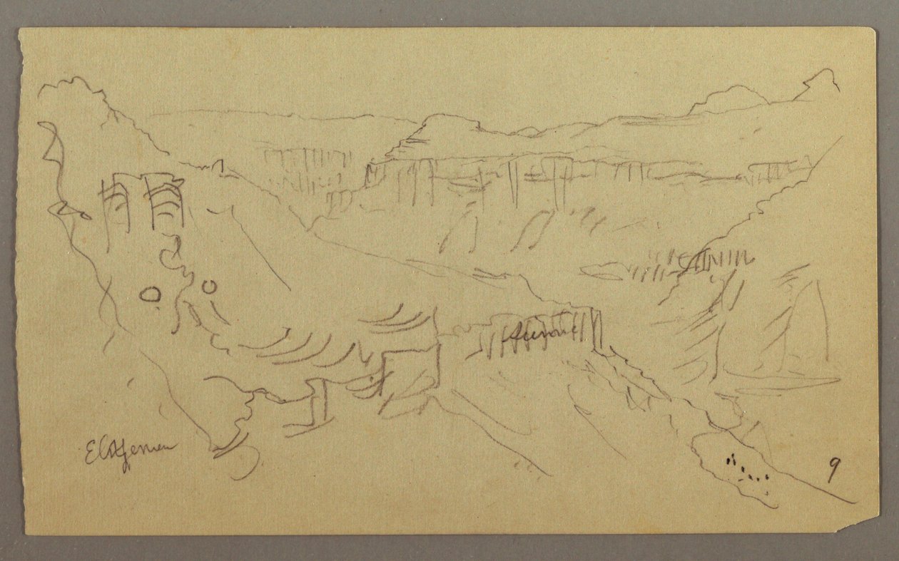 Kresba, El Yemen Valley, Arábie: Pohled na klikatící se údolí s karavanou, 20. února 1868. od Frederic Edwin Church