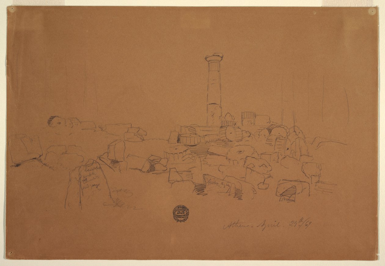 Kresba, Padlý sloup, chrám Dia Olympského, Athény, 24. dubna 1869 od Frederic Edwin Church