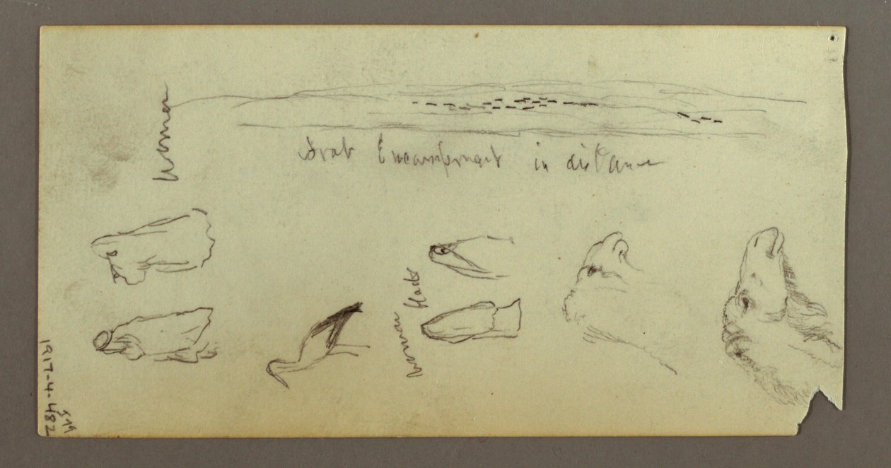 Kresba, Postava jedoucí na velbloudovi, nesoucí oštěp, dvě figurální studie, pravděpodobně 1868 od Frederic Edwin Church