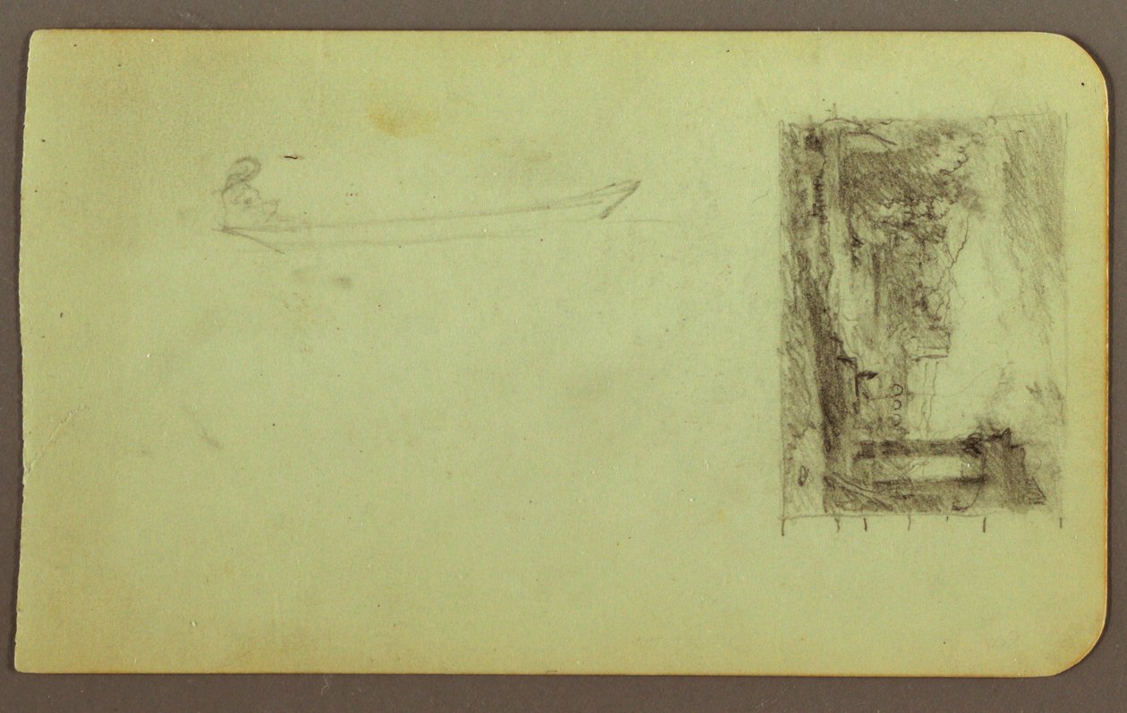 Kresba, postava ve skifu, skica obrazu; Verso: nápisy, prosinec 1883 od Frederic Edwin Church