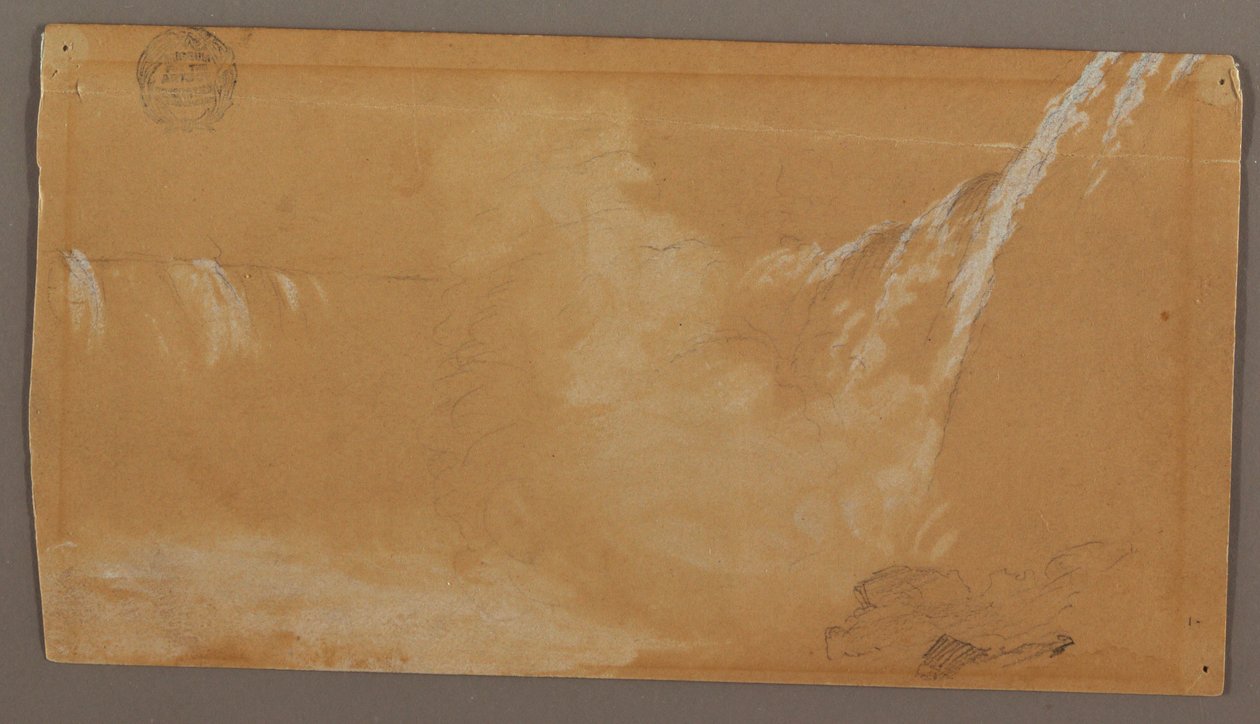 Kresba, Větší část Podkovových vodopádů při pohledu z Kandijské strany řeky Niagary, pravděpodobně 1858 od Frederic Edwin Church
