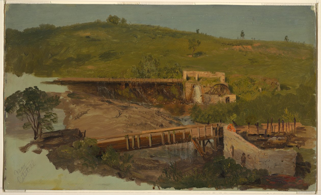 Kresba, Kopec s viadukty a zničenými mlýny, poblíž Catskillu, New York, asi 1865 od Frederic Edwin Church