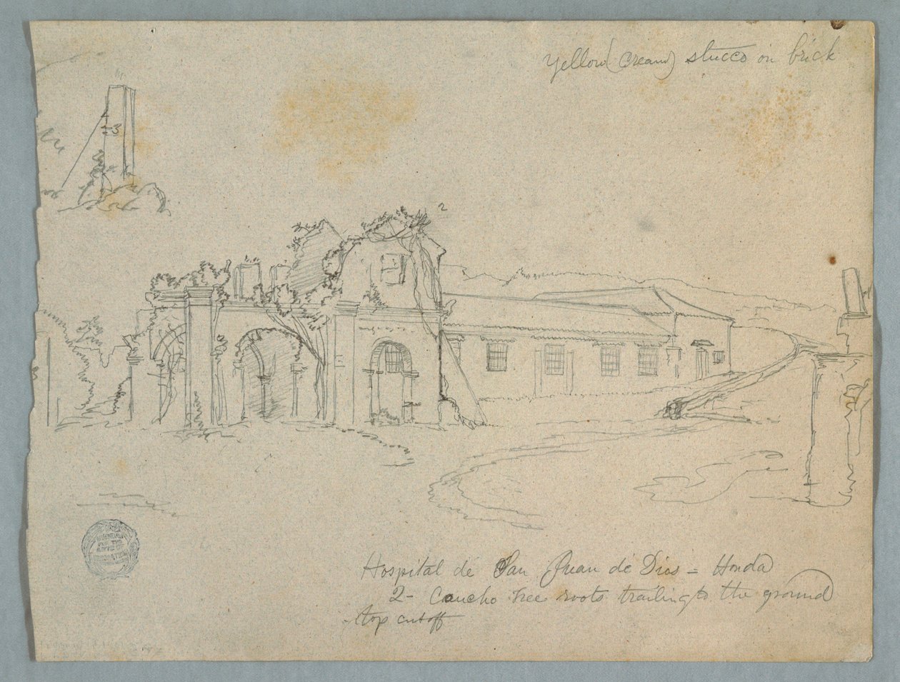 Kresba, Hospital de San Juan de Dios, Honda, Kolumbie, 1853 od Frederic Edwin Church