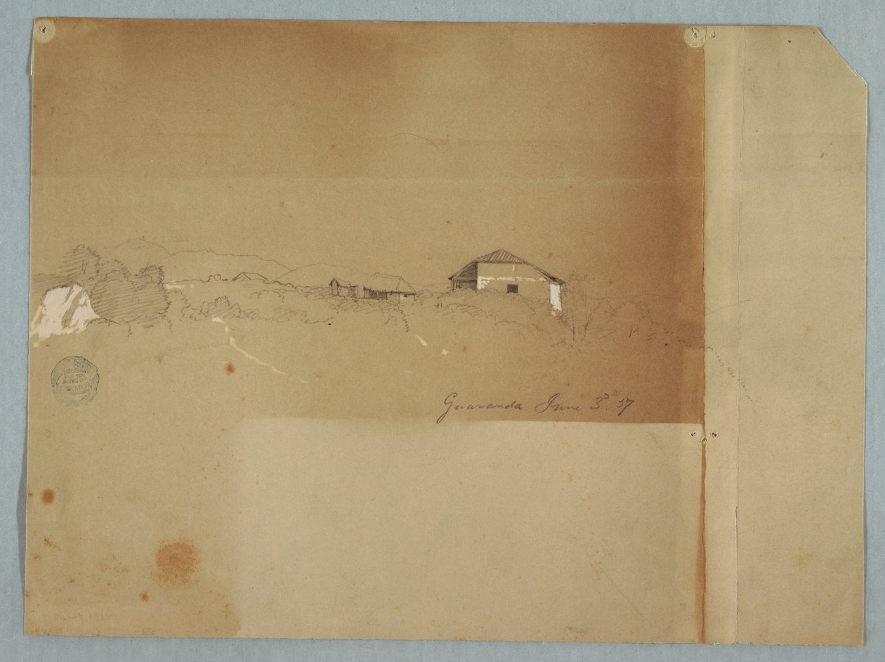 Kresba, Domy u kaskády v horách, Guaranda, Ekvádor, 3. června 1857 od Frederic Edwin Church