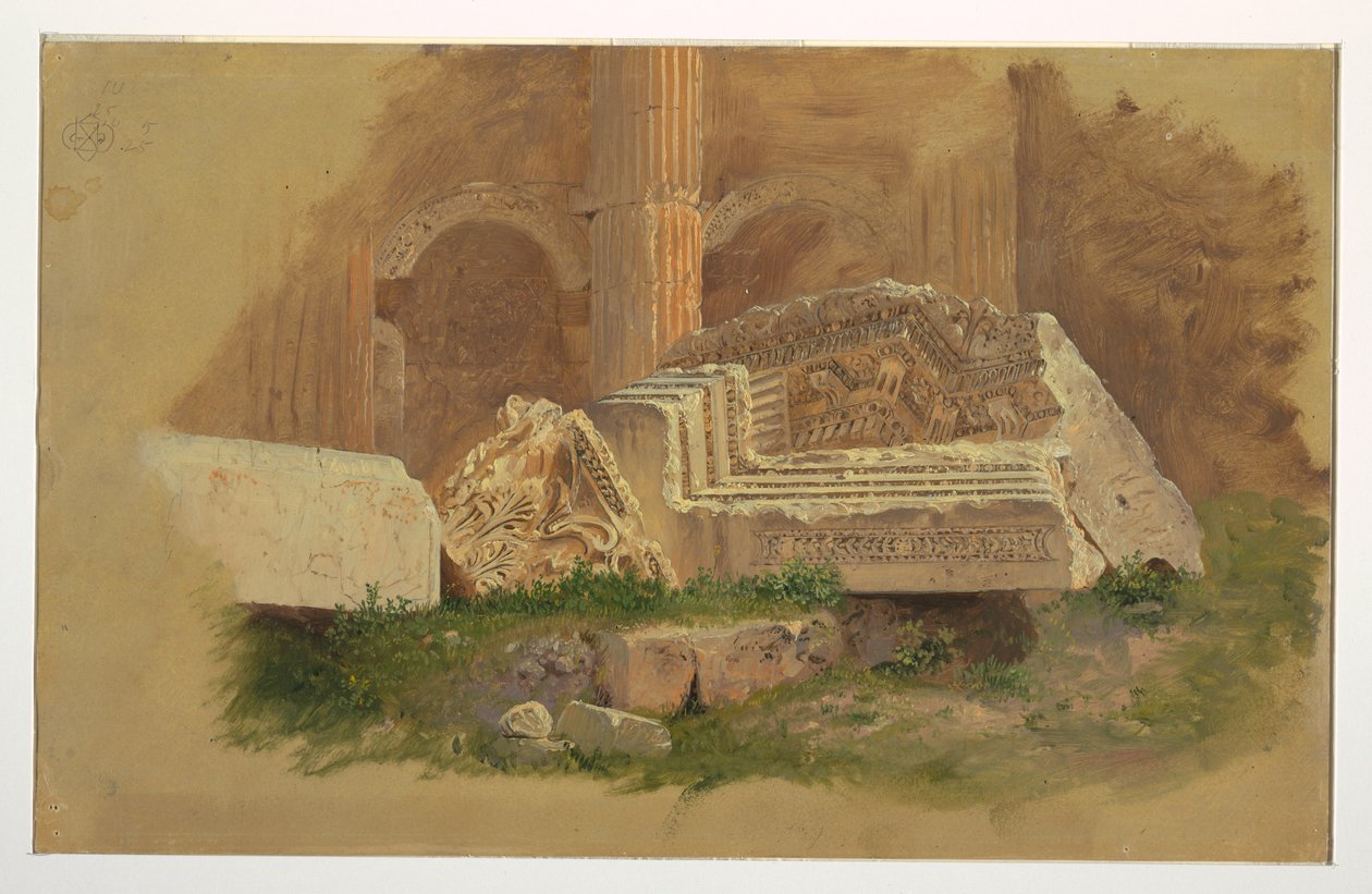 Kresba, Interiér Bakchova chrámu, Baalbek, květen 1868 od Frederic Edwin Church