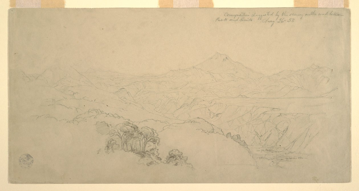 Kresba, Kompozice krajiny: Suggested by the Scenery on the Road Between Paso, Colombia and Quito, Ecuador., 26. srpna 1853. od Frederic Edwin Church