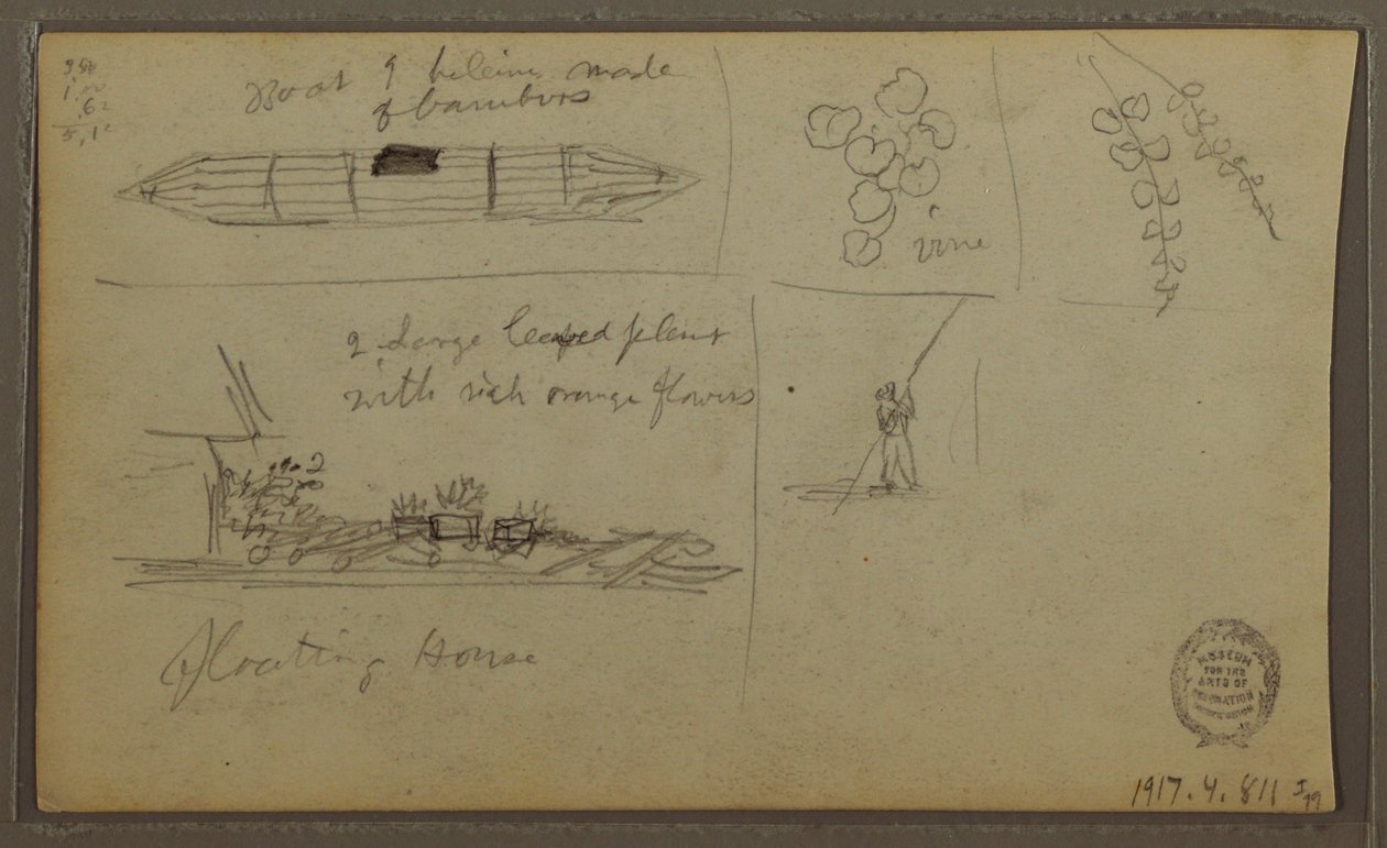 Kresba, krajina; Verso: loď, botanické náčrty, 1857 od Frederic Edwin Church