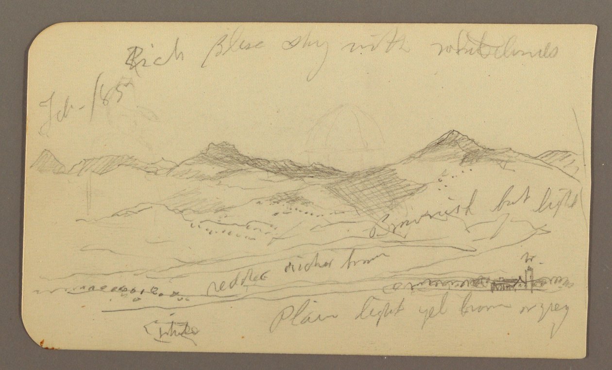 Kresba, krajina, domy; Verso: vrchol stromu, únor 1885 od Frederic Edwin Church