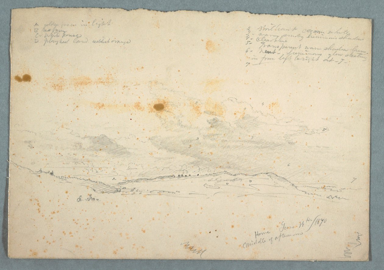 Kresba, Krajina v údolí Hudson; verso: náčrt kostela se stromovými loděmi, 14. června 1870 od Frederic Edwin Church
