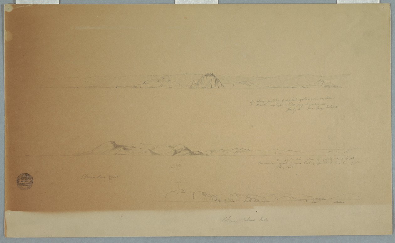 Kresba, Krajina u ostrova Fogo, Brimstone, Head, Change Island Rocks, 2. července 1869 od Frederic Edwin Church