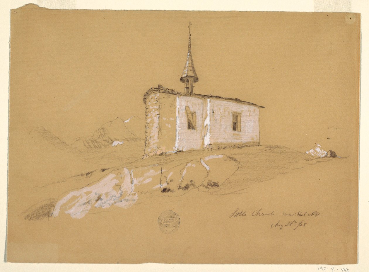 Kresba, "Kostelík u Bel Arpu", Bernské Alpy, Švýcarsko, 28. srpna 1868 od Frederic Edwin Church