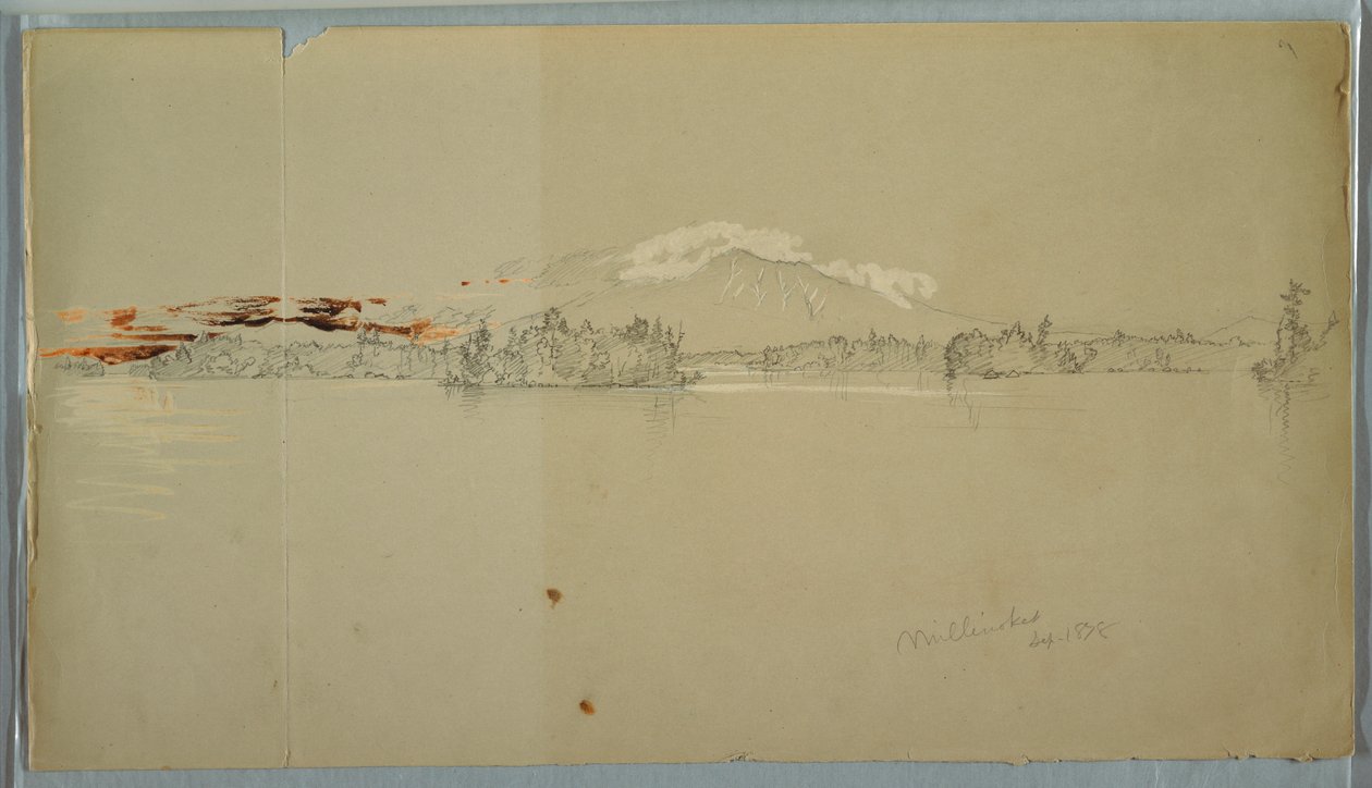 Kresba, jezero Millinocket, pohled na horu Katahdin, září 1878 od Frederic Edwin Church