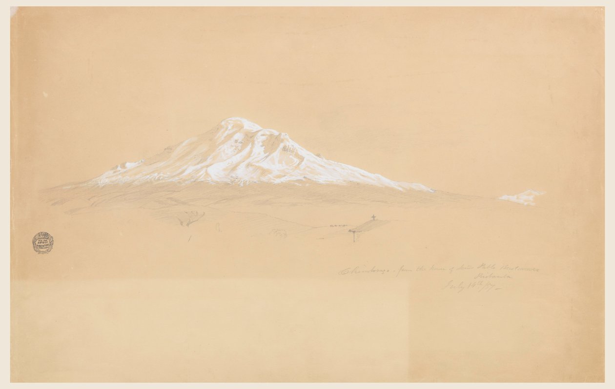 Kresba, Hora Chimborazo z domu staršího Pabla Bustamanteho, Riobamba, Ekvádor, 14. července 1857 od Frederic Edwin Church