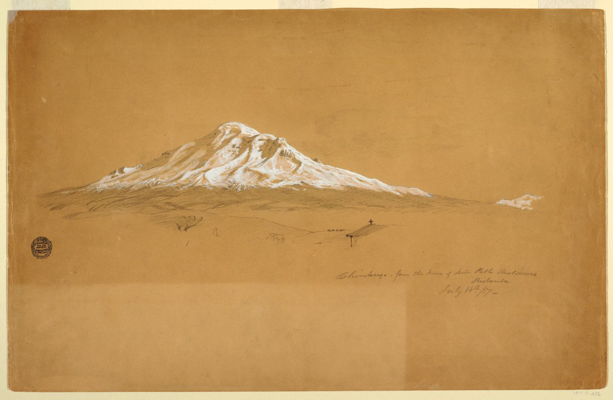 Kresba, Hora Chimborazo z domu staršího Pabla Bustamanteho, Riobamba, Ekvádor, 14. července 1857 od Frederic Edwin Church