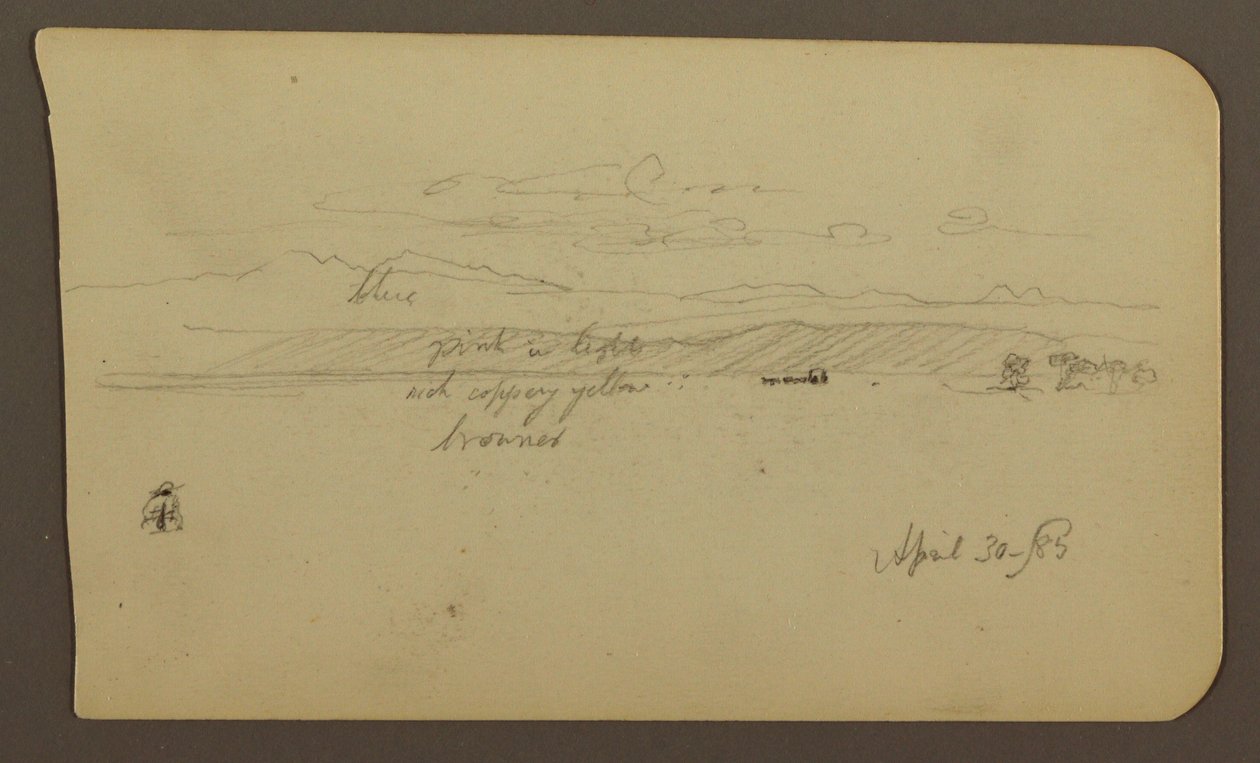 Kresba, horská krajina, postava; Verso: krajina, 30. dubna 1885 od Frederic Edwin Church