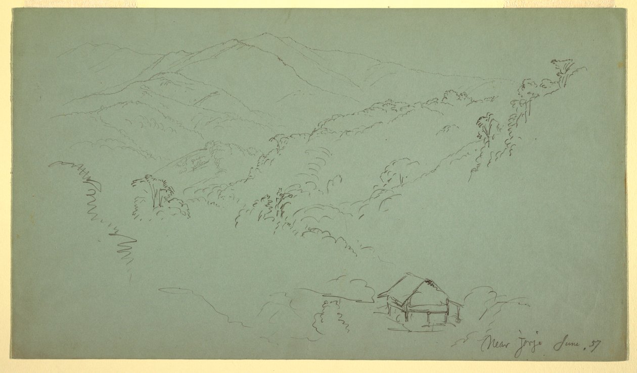 Kresba, Horská krajina, dům, "poblíž Jorje", Ekvádor, červen 1857 od Frederic Edwin Church
