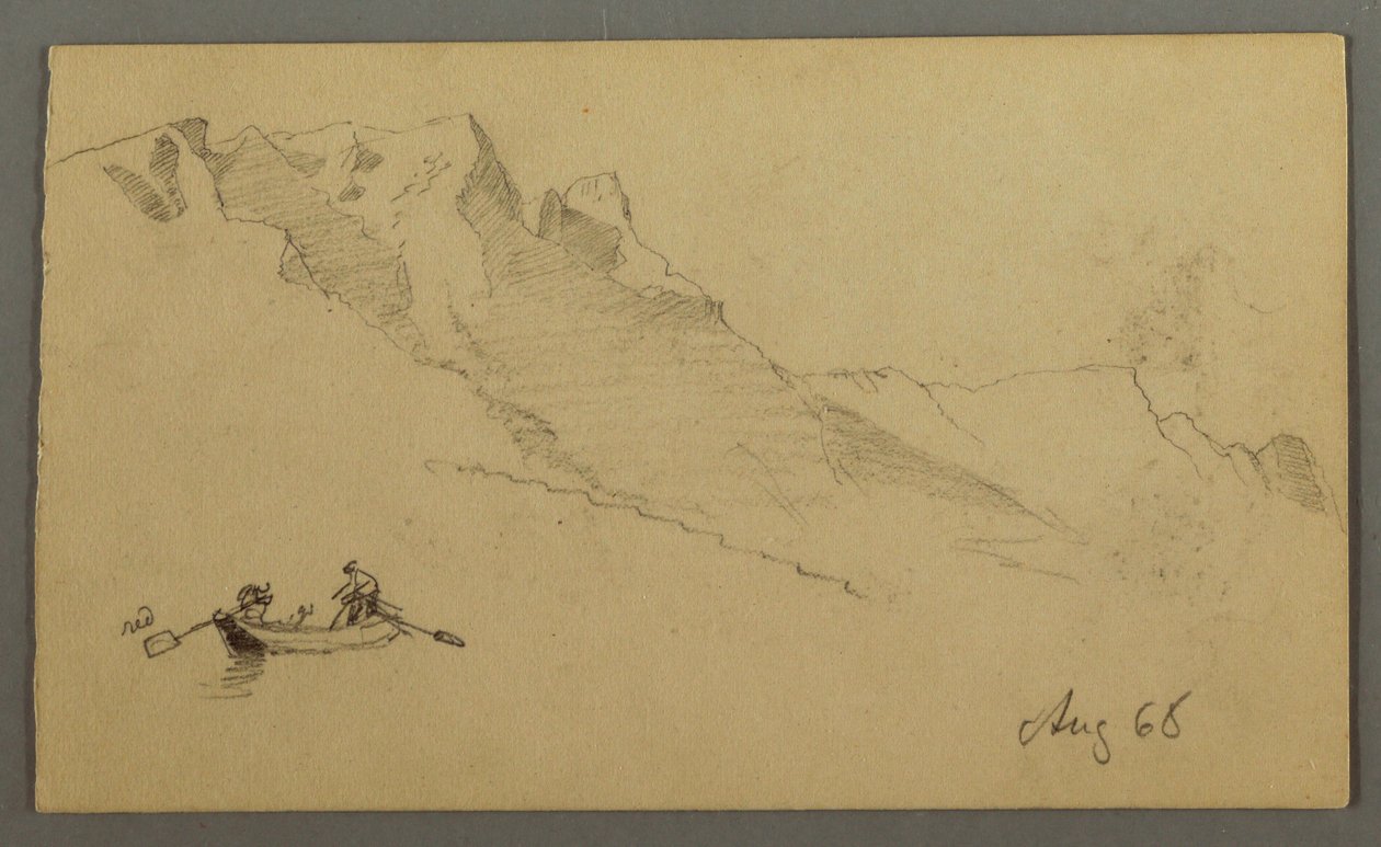 Kresba, Vrcholky hor, Dvě postavy ve člunu, srpen 1868 od Frederic Edwin Church