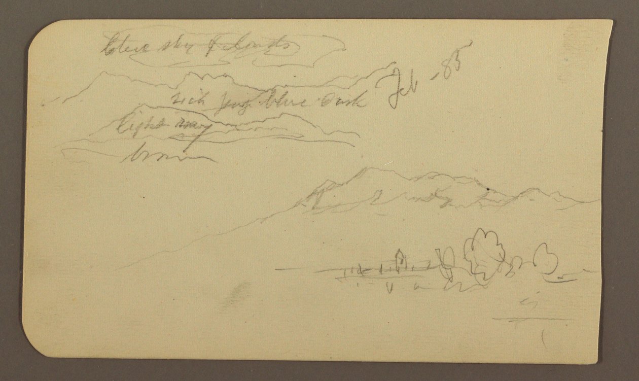 Kresba, Horské pásmo, Cuautla, kostel; Verso: Přikrčený kůň, Krajinné poznámky, únor 1885 od Frederic Edwin Church