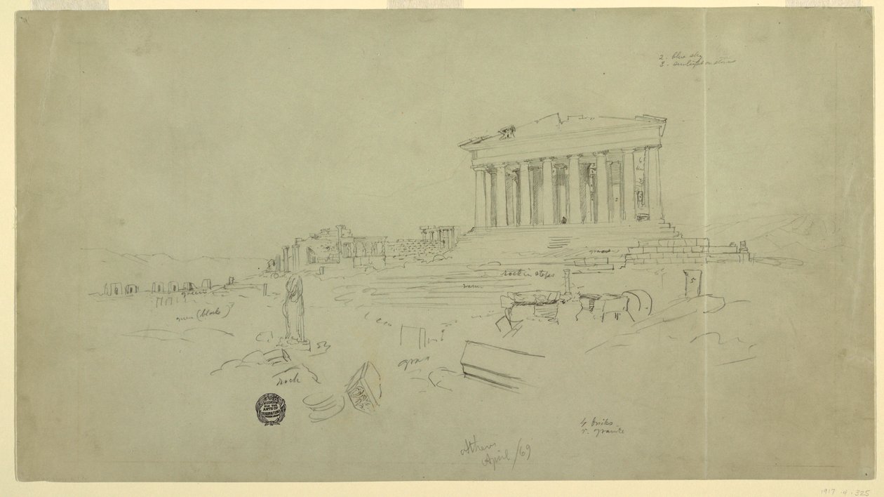 Kresba, Parthenon a Erectheion, Athény, duben 1869 od Frederic Edwin Church
