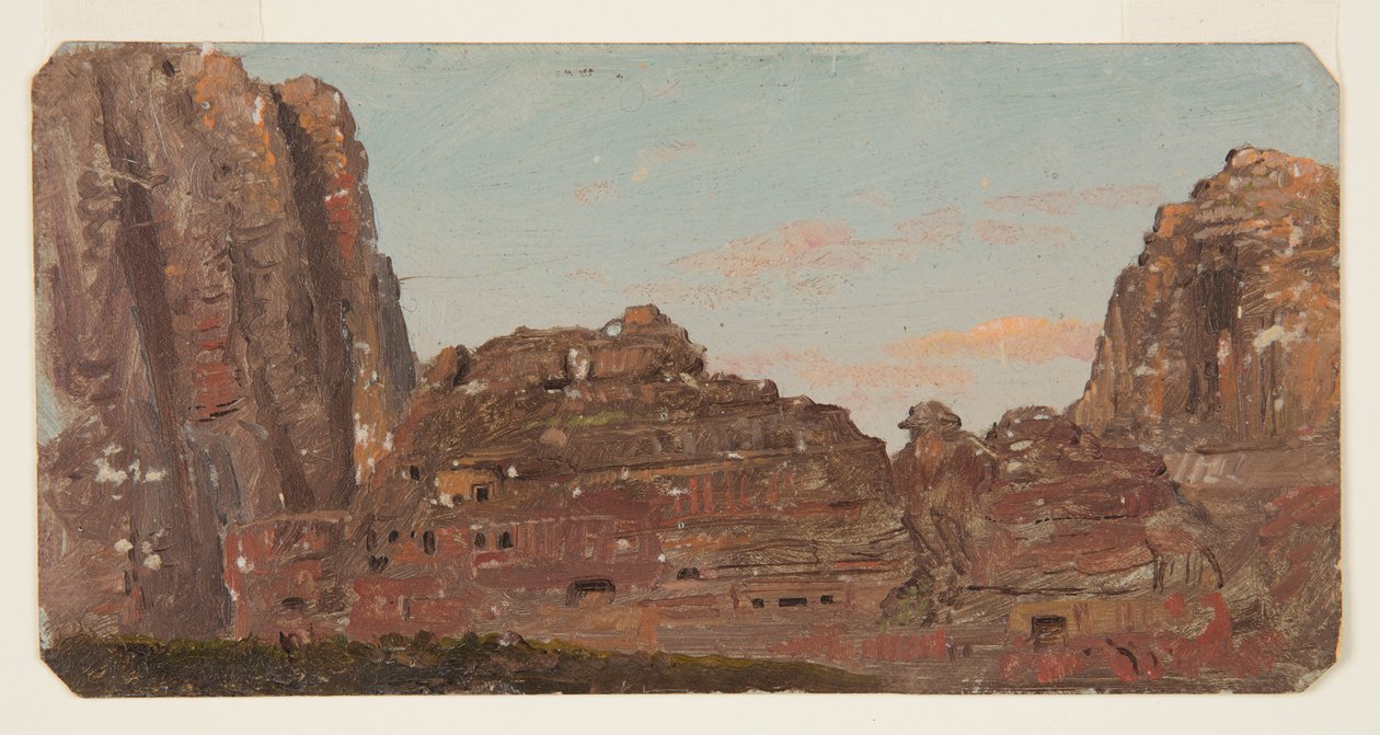 Kresba, Petra, skalní komnaty Khirbet en-Nasara, únor 1868 od Frederic Edwin Church