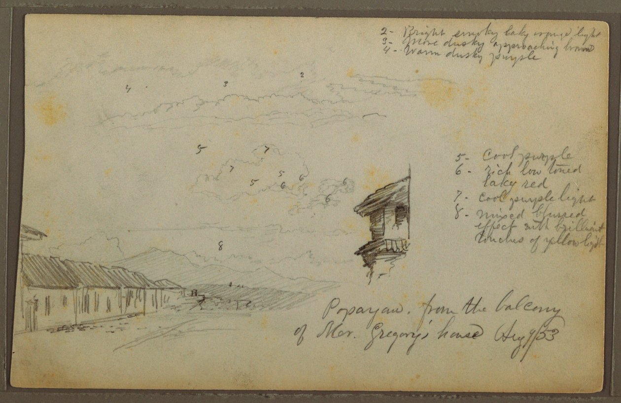 Kresba, Popayan, Kolumbie; Verso: Horská krajina, Kolumbie, 9. srpna 1853 od Frederic Edwin Church