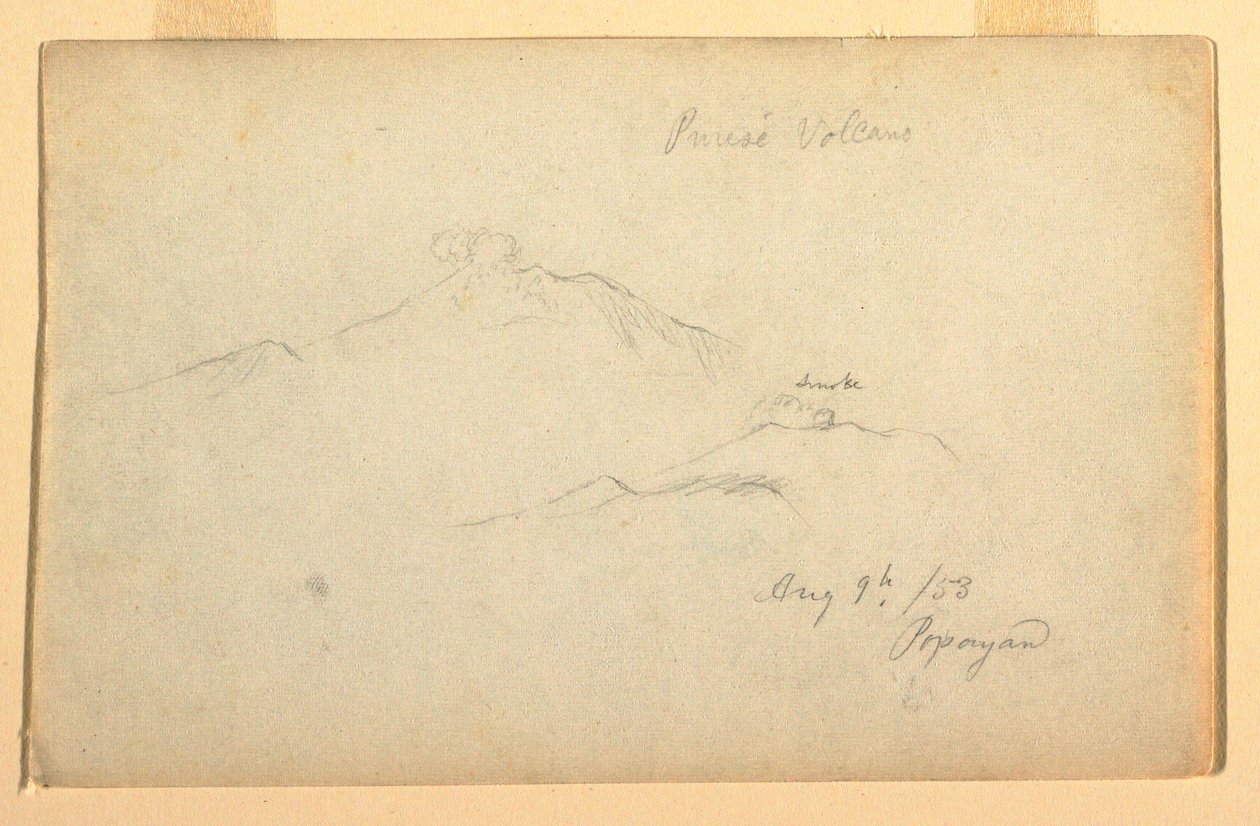 Kresba, sopka Purese z pohledu od Popayanu, Kolumbie, 9. srpna 1853 od Frederic Edwin Church