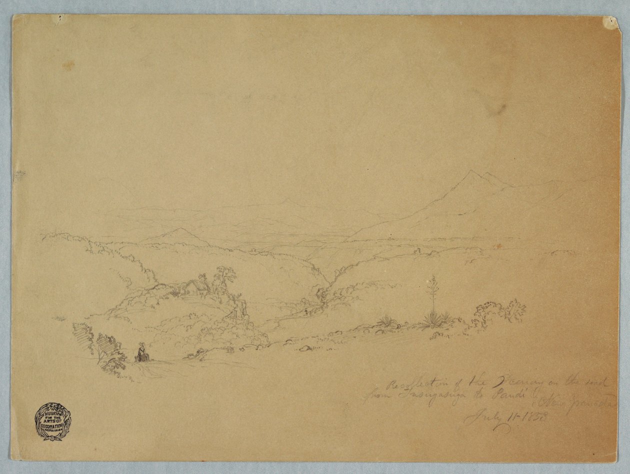 Kresba, Vzpomínka na krajinu na cestě z Fusugasugy do Pandi, New Granda, Kolumbie, 11. července 1853 od Frederic Edwin Church