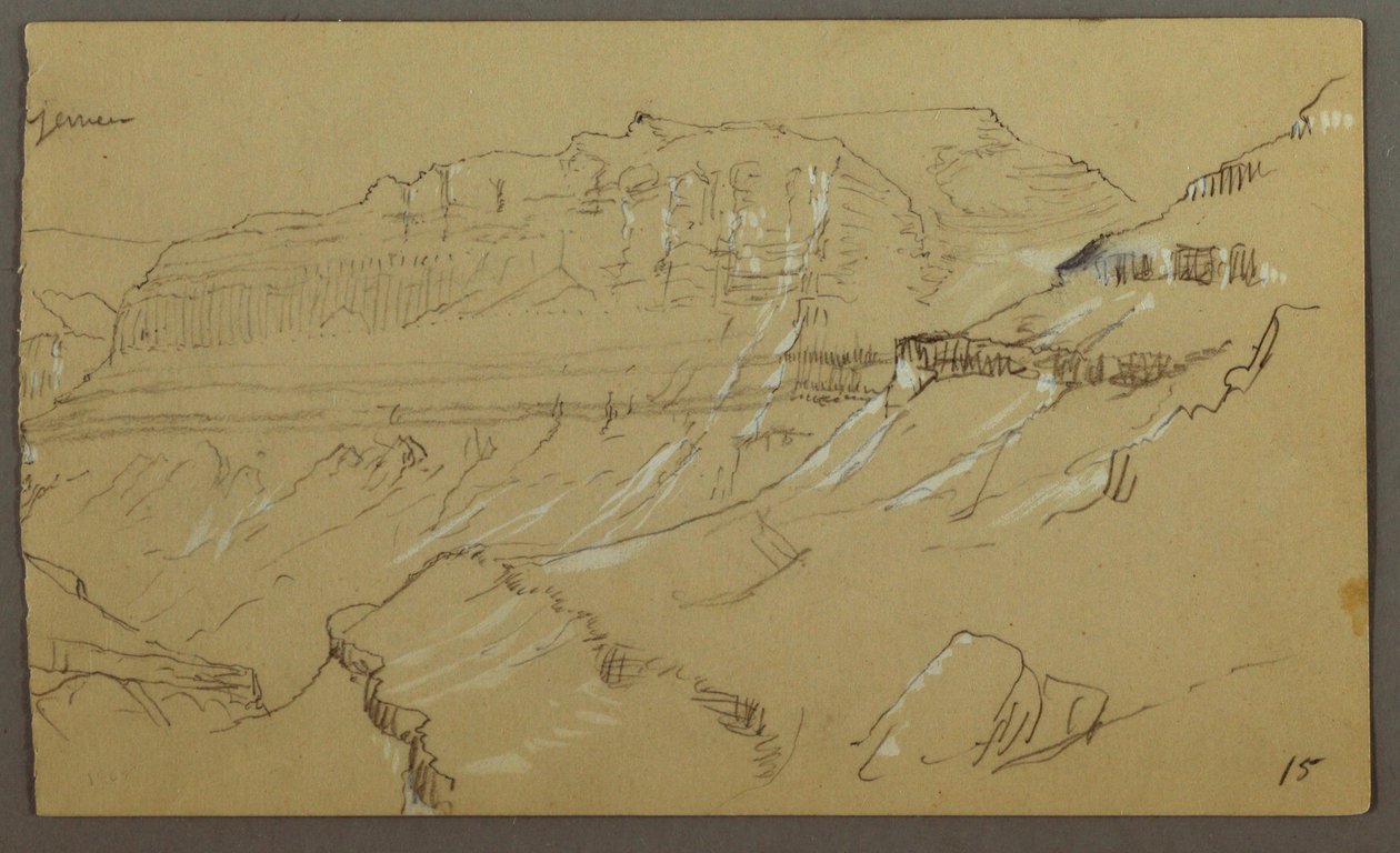 Kresba, pravá část náčrtu údolí El Yemen, Arábie: Pohled do dálky, 20. února 1868 od Frederic Edwin Church