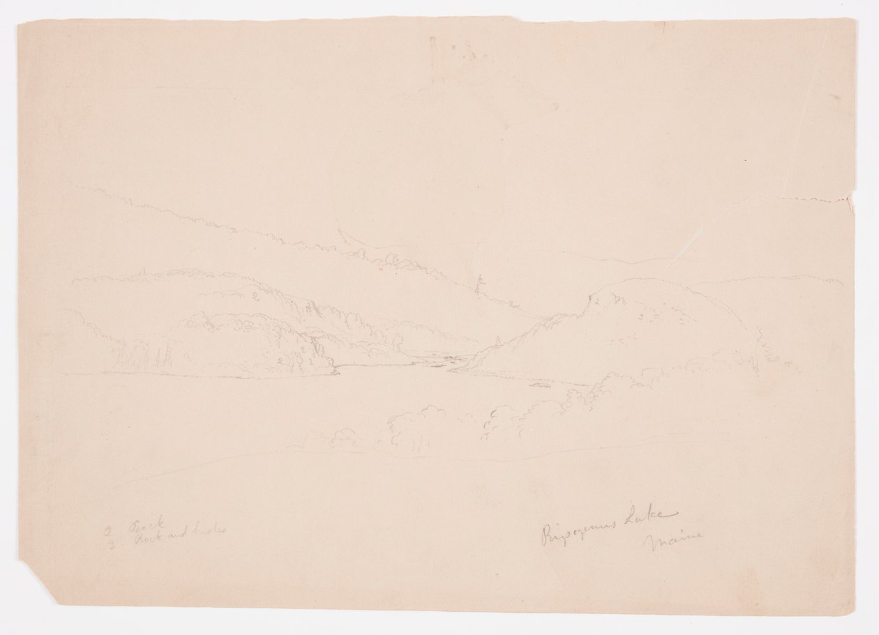 Kresba, jezero Ripogenus, asi 1855 od Frederic Edwin Church