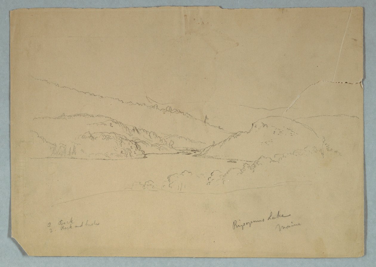 Kresba, jezero Ripogenus, asi 1855 od Frederic Edwin Church