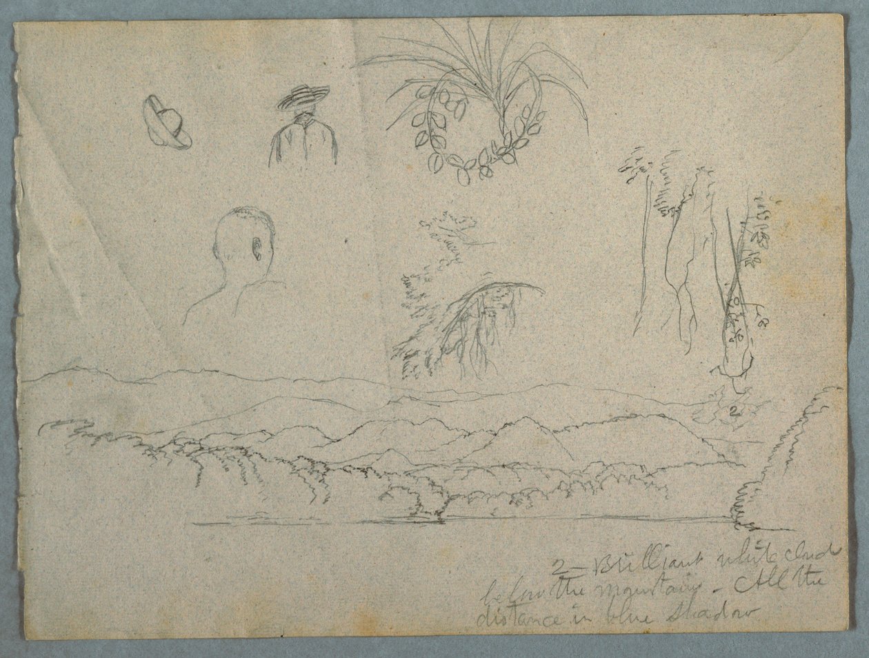 Kresba, břeh řeky s horami a mraky, tři botanické skici a studie poprsí mužů s klobouky, 1853 od Frederic Edwin Church