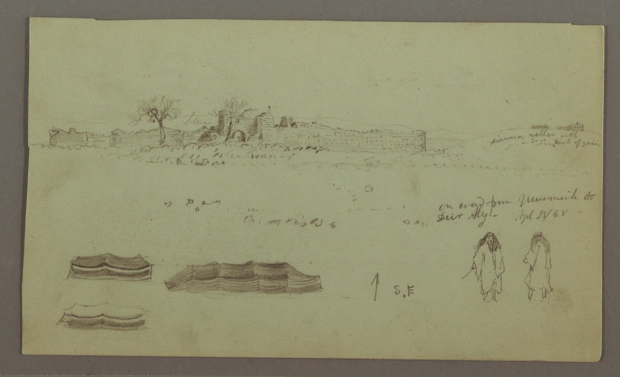 Kresba, Ruiny obklopené zdmi, stany, dvě figurální studie, 28. dubna 1868 od Frederic Edwin Church