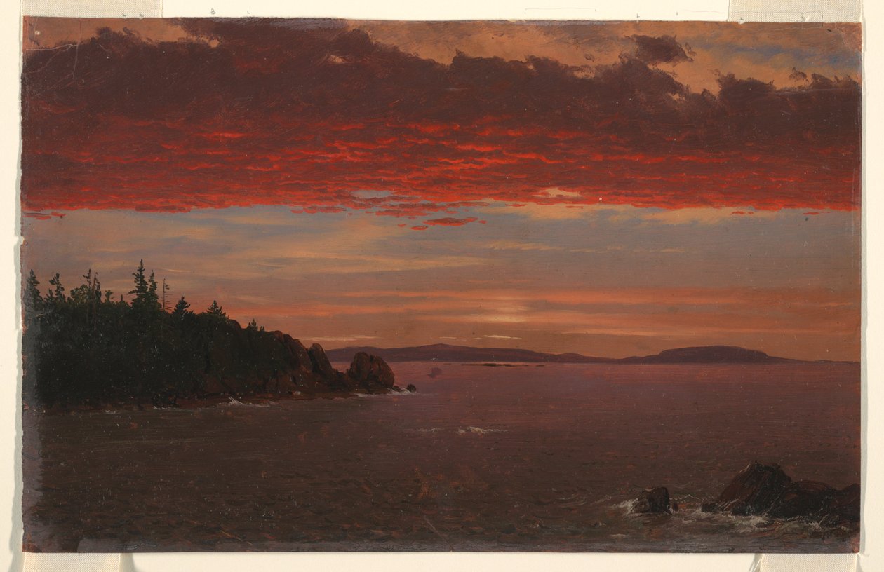 Kresba, poloostrov Schoodic z hory Mount Desert při východu slunce, 1850-55 od Frederic Edwin Church