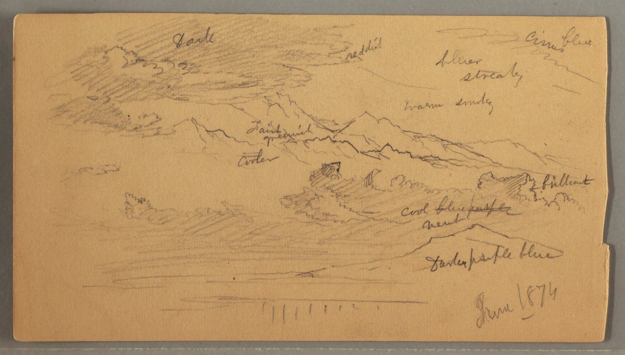 Kresba, Ostré vrcholky hor, zatažená obloha, červen 1874 od Frederic Edwin Church