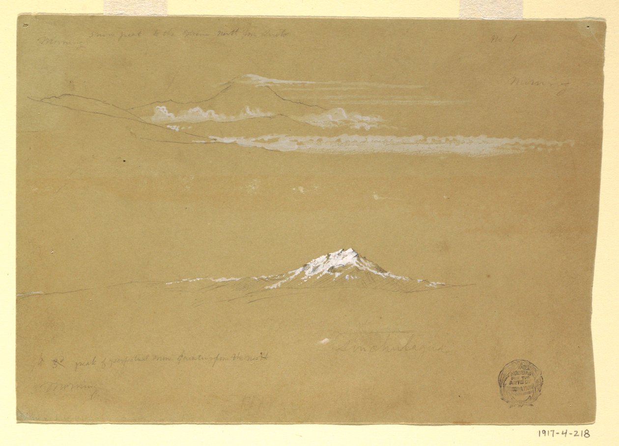 Kresba, Sincholagua, ráno, z chrámu Slunce, Quito, 24. června 1857 od Frederic Edwin Church