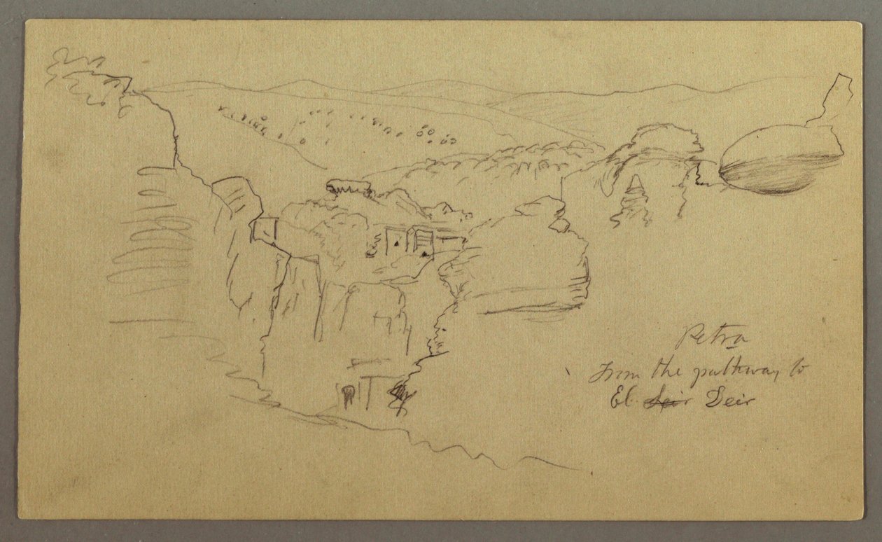 Kresba, skica. Pohled na Khirbet en Wasara "Petra / z cesty do / El Deir", pravděpodobně 1868, 26. února od Frederic Edwin Church