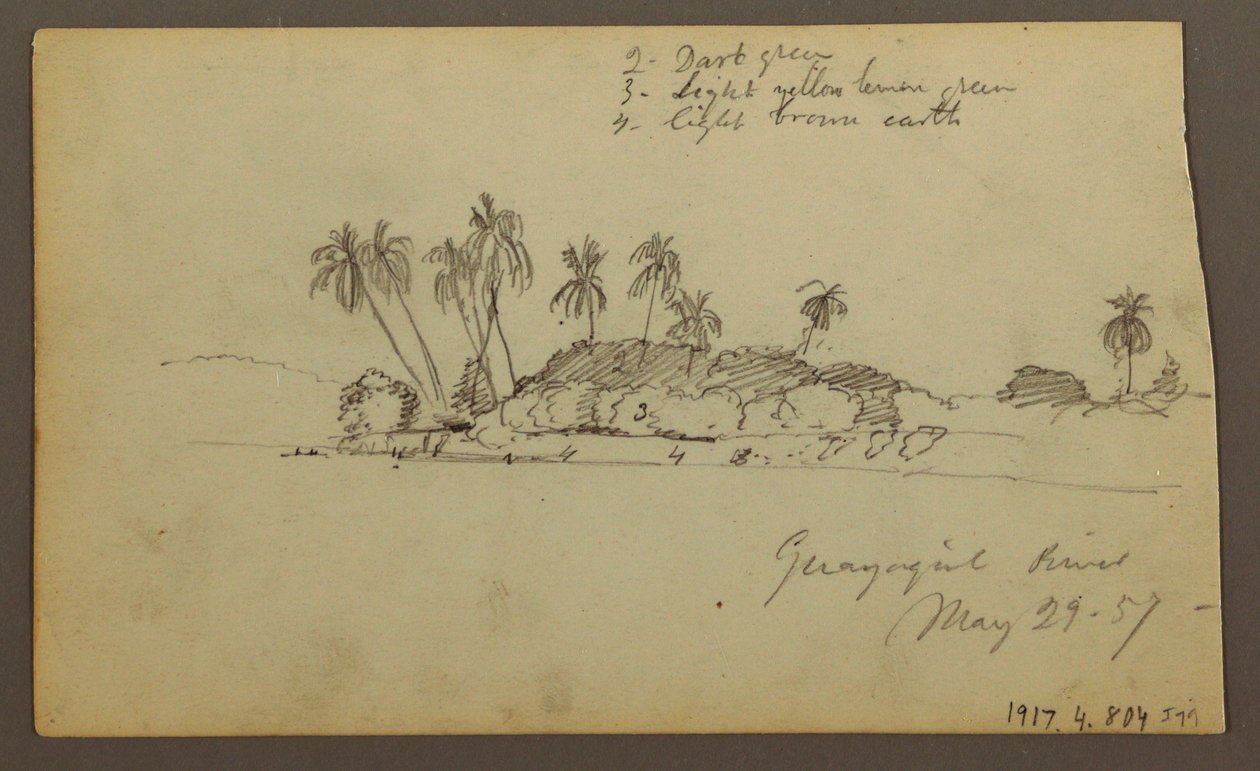 Kresba, Nebe nad mořem; Verso: Břeh řeky Guayas u Guayaquilu, Ekvádor, 29. května 1857 od Frederic Edwin Church