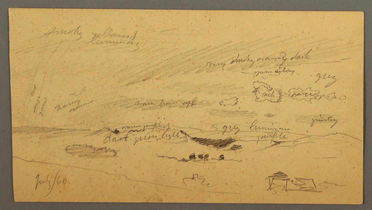 Kresba, Studie oblohy nad hřebenem a duhou, červenec 1866 od Frederic Edwin Church