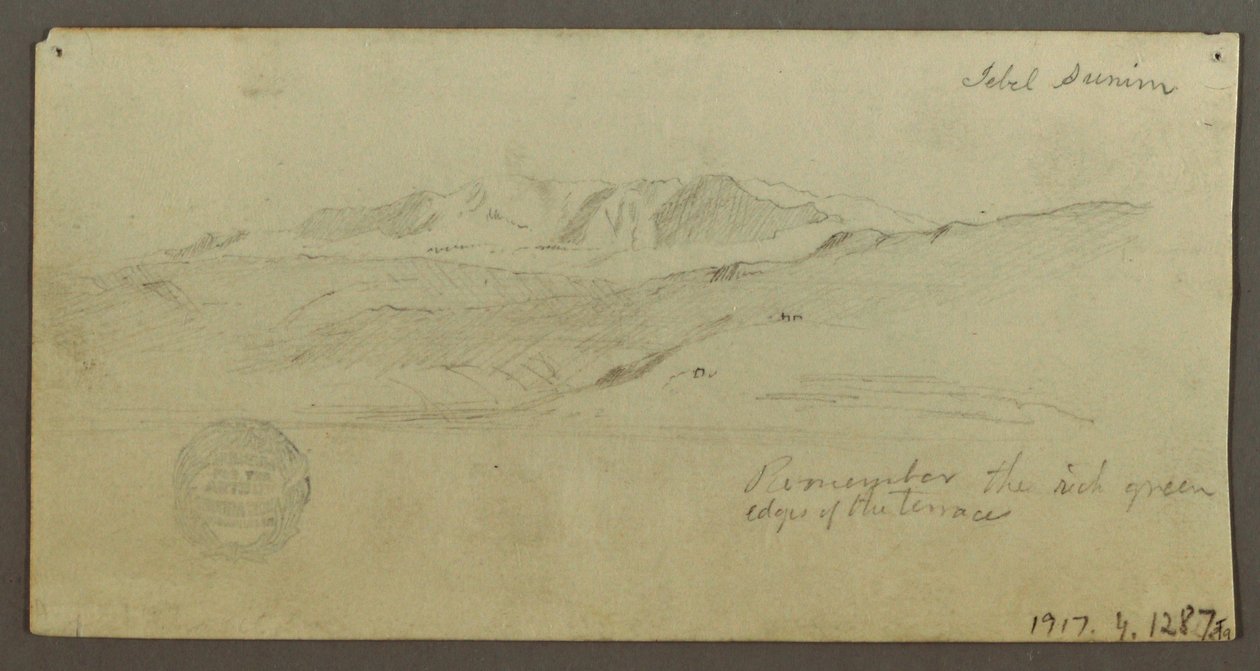 Kresba, honosný dům, postava na koni, velbloud, architektonické studie, palma, pravděpodobně 1868 od Frederic Edwin Church