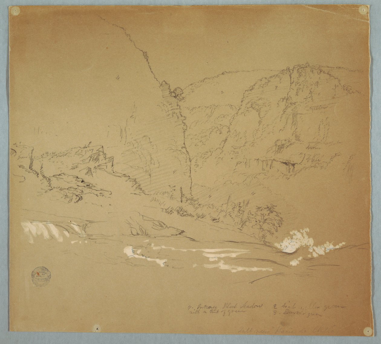 Kresba, Potok vedoucí k okraji vodopádů poblíž Hacienda Chillo, Ekvádor, 26. června 1857 od Frederic Edwin Church