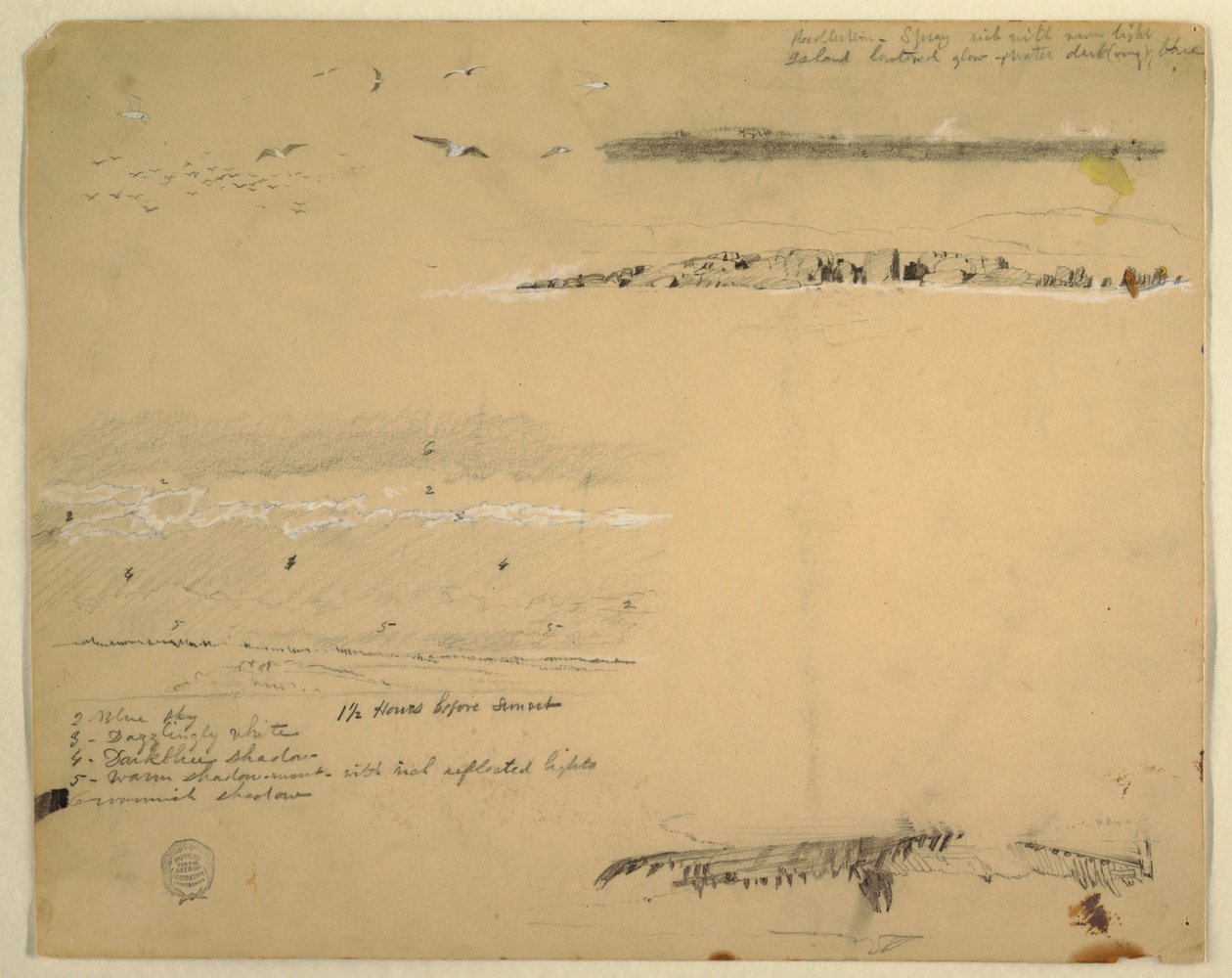 Kresba, Studie racků, skalnaté pobřeží a zamračená obloha, Great Manan, Kanada, září 1851 od Frederic Edwin Church
