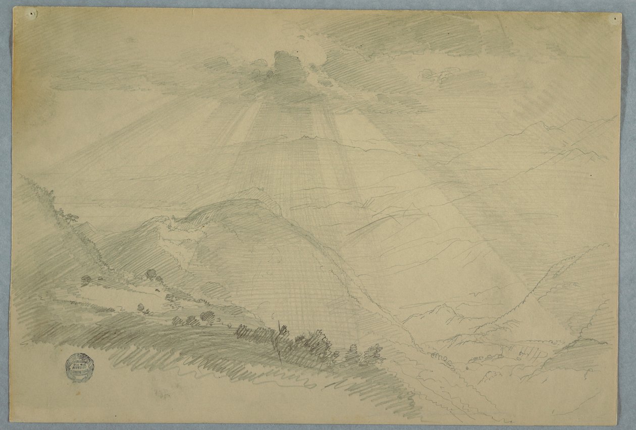 Kresba, Slunce procházející mraky nad horským údolím, Jamajka, červenec 1865 od Frederic Edwin Church