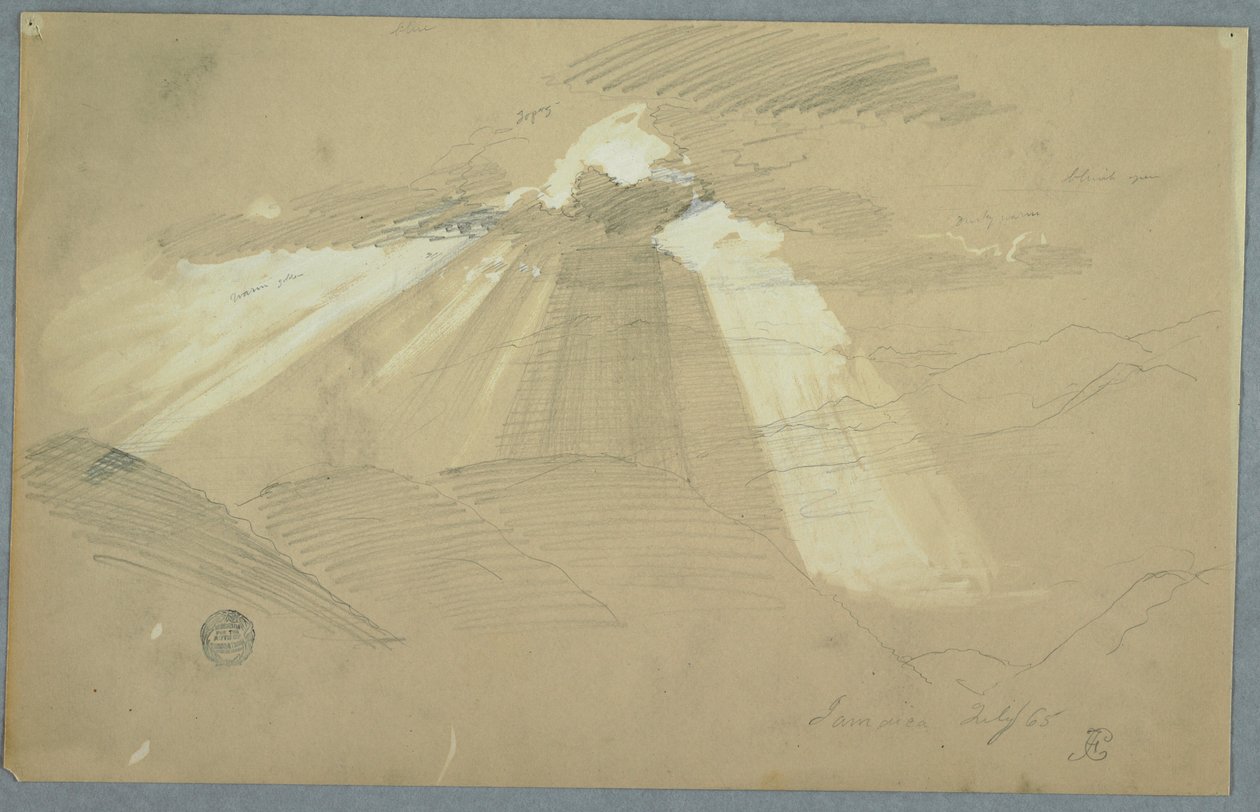 Kresba, Slunce svítí skrz mraky, Jamajka, červenec 1865 od Frederic Edwin Church