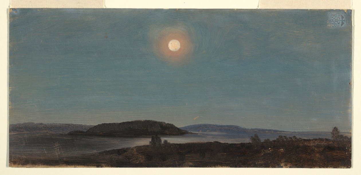 Kresba, Slunce nebo Měsíc vycházející nad Dikobrazími ostrovy, Bar Harbor, asi 1860 od Frederic Edwin Church