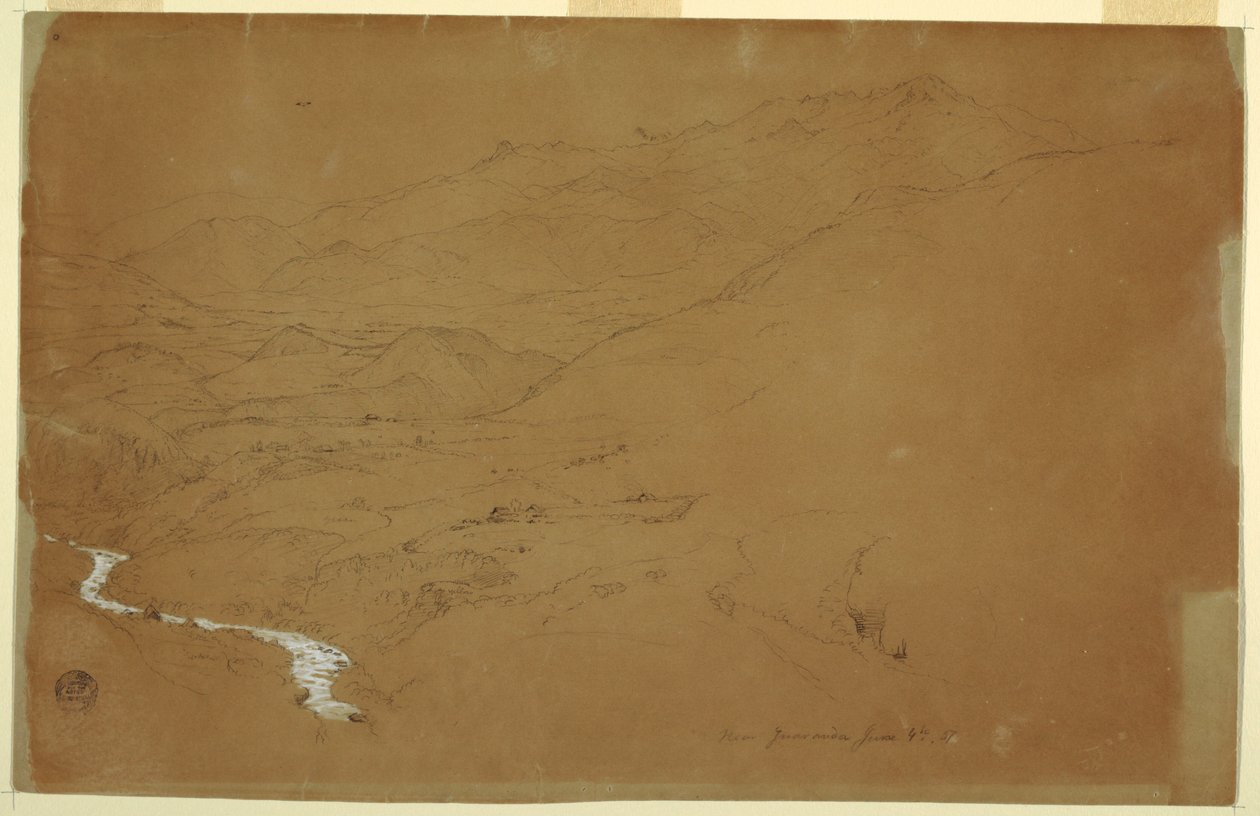 Kresba, Údolí s potokem a domy, poblíž Guarandy, Ekvádor, 4. června 1857 od Frederic Edwin Church