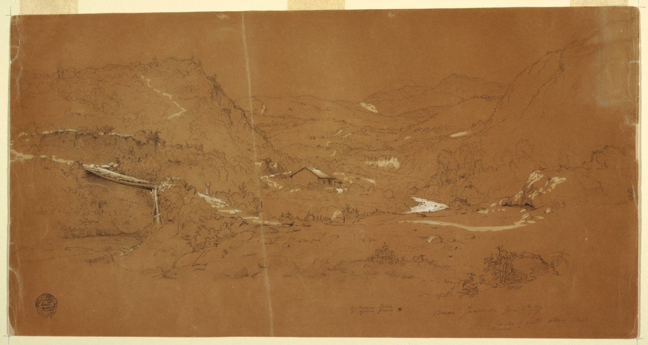 Kresba, Údolí s mostem a domy, poblíž Guarandy, Ekvádor, 5. června 1857 od Frederic Edwin Church